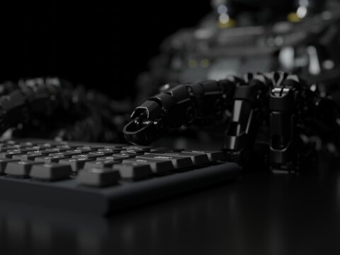 Ai robot typing on human keyboard