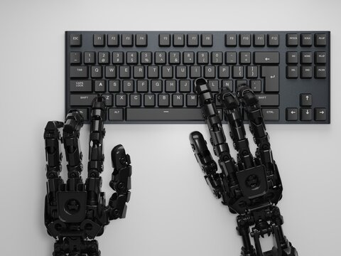 Ai robot typing on human keyboard