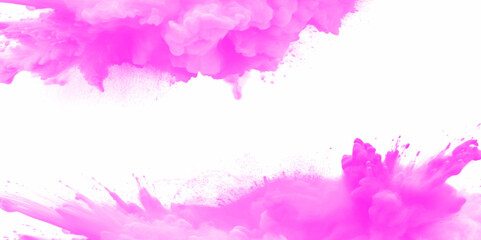 Pink holi paint color powder. Abstract pink dust explosion on white background. Pink holi paint color powder festival explosion burst isolated white background. Pink vibrant rainbow Holi paint color.	