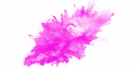 Pink holi paint color powder. Abstract pink dust explosion on white background. Pink holi paint color powder festival explosion burst isolated white background. Pink vibrant rainbow Holi paint color.	