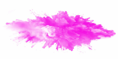 Pink holi paint color powder. Abstract pink dust explosion on white background. Pink holi paint color powder festival explosion burst isolated white background. Pink vibrant rainbow Holi paint color.	