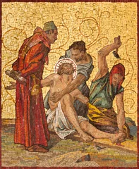  MILAN, ITALY - MARCH 4, 2024: The mosaic Jesus is nailed to the cross as part of Cross way station in the church Chiesa di San Agostino by unknown artist of 20. cent. © Renáta Sedmáková