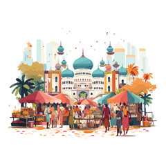Vibrant scene of a Malaysian street market adorned