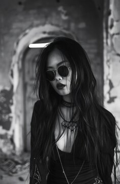 Black and white photography of a gothic asian girl with long hair wearing sunglasses in an old building, creating a moody atmosphere