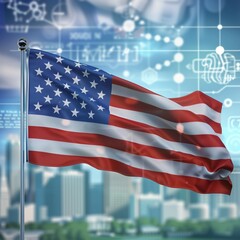 A high contrasted waving USA (United States of America) Flag with correct proportions and colors with a blurred and blended background of tech, agriculture, industry, engineers, and doctors.