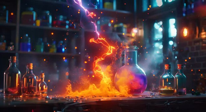 A magical potion lab explosion, vibrant cartoon 3D