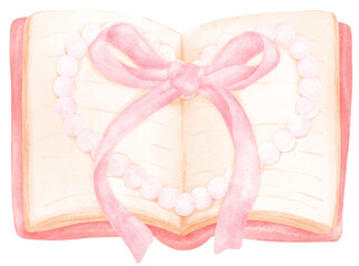 Coquette book, vintage opened book with pink bow