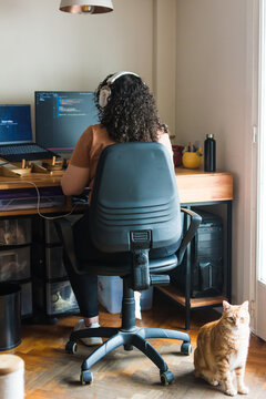 Woman coder home office with cat