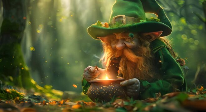Leprechaun brewing a potion in a forest glade