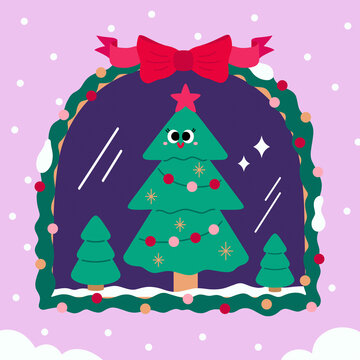 the room through a window, where there is a Christmas tree.