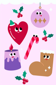 Set of Christmas decoration: bell, sock, snowflake, ball... 