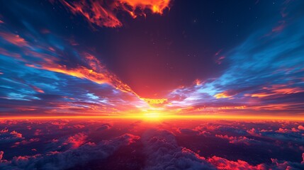 A hyper-realistic image of a sunset sky, where the horizon is aflame with the fiery reds and oranges of the setting sun, contrasted against the deepening blue of the night sky.