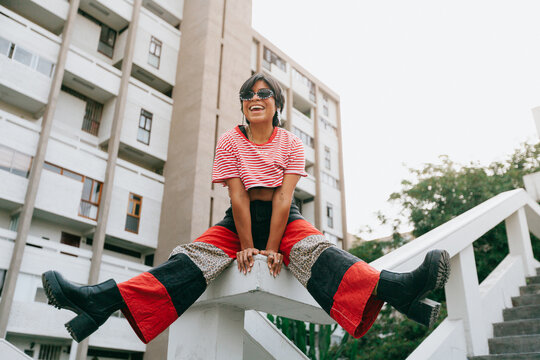 Playful Elegance Urban Striped Portrait