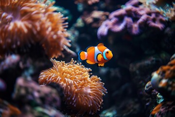 Anemone fish, orange and white clown anemone fish swimming in the sea among corals, close up shot, in the style of National Geographic photo - obrazy, fototapety, plakaty