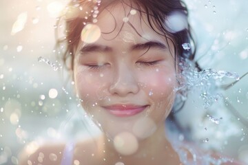 Female face moisturized with water