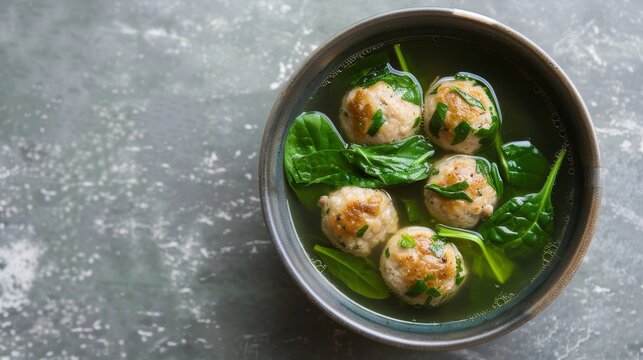 A clean and inviting image of spinach and pork meatball soup for a baby food recipe, set against a minimalist background