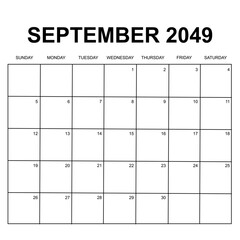 september 2049. monthly calendar design. week starts on sunday. printable, simple, and clean vector design isolated on white background.