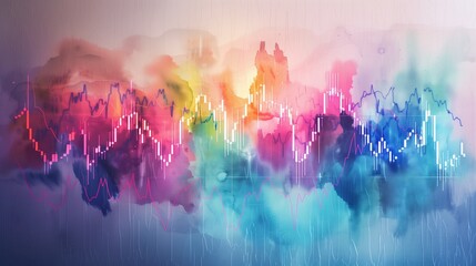 A modern abstract forex chart design, where the market data transforms into a fluid and dynamic watercolor painting. Each currency pair is represented by a unique blend of colors, flowing and merging  - obrazy, fototapety, plakaty