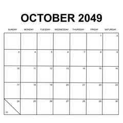 october 2049. monthly calendar design. week starts on sunday. printable, simple, and clean vector design isolated on white background.