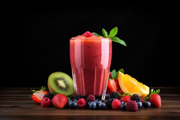 Fresh smoothie in a large glass with friuts on dark wooden background, close up, copy space