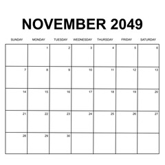 november 2049. monthly calendar design. week starts on sunday. printable, simple, and clean vector design isolated on white background. - obrazy, fototapety, plakaty