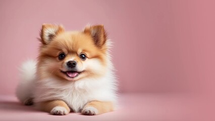 Fototapeta na wymiar Adorable Pomeranian Puppy Sitting on a Light Pink Background