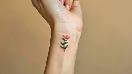 Delicate tattoo trend on girl s hand   symbol of freedom and uniqueness on beige background banner - obrazy, fototapety, plakaty