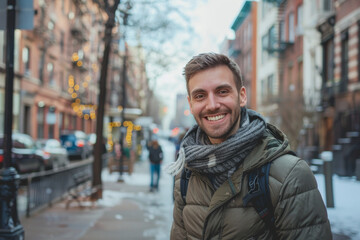Fototapeta premium A man wearing a scarf and a jacket with the letter a on it