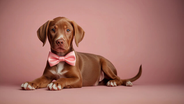 Adorable Vizsla Puppy with Pink Bow Portrait on Light Pink Background