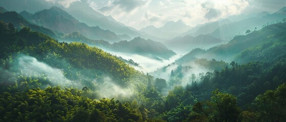 A breathtaking panoramic view of mist-covered mountain peaks rising above a lush forest in a majestic natural landscape. - obrazy, fototapety, plakaty