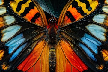 A Close up of the symmetrical patterns and vibrant colors on the wings of butterfly.