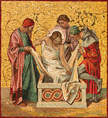 MILAN, ITALY - MARCH 4, 2024: The mosaic  of Burial of Jesus as part of Cross way station in the church Chiesa di San Agostino by unknown artist of 20. cent. - 759324243