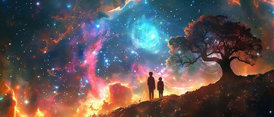 A digital art fantasy scene featuring a silhouette of a tree and two figures under a colorful cosmic sky with nebula and of stars.