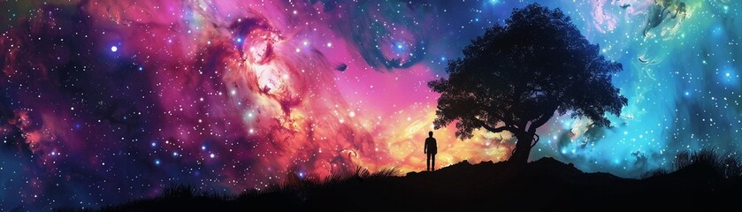 A digital art fantasy scene featuring a silhouette of a tree and two figures under a colorful cosmic sky with nebula and of stars.