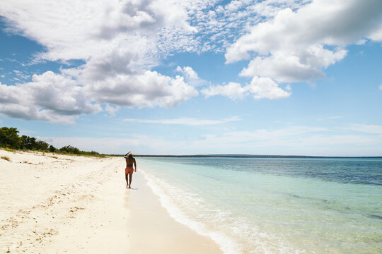 Rear View Of A man Walking On the beach On A Summer Day