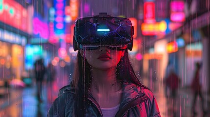 A girl with virtual reality headset on the streets of neon city.