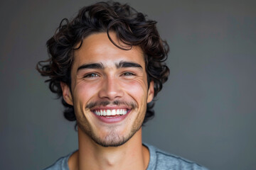 A man with curly hair and a beard smiles for the camera