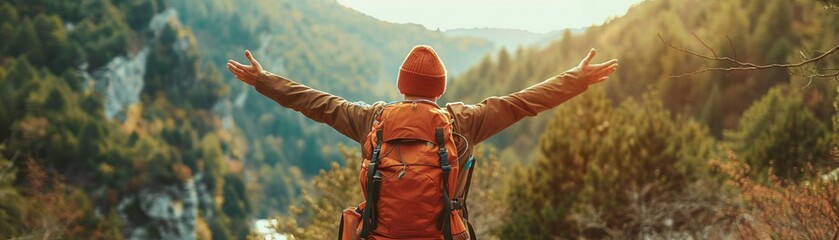 A Happy man with backpack for hiking mountain - obrazy, fototapety, plakaty
