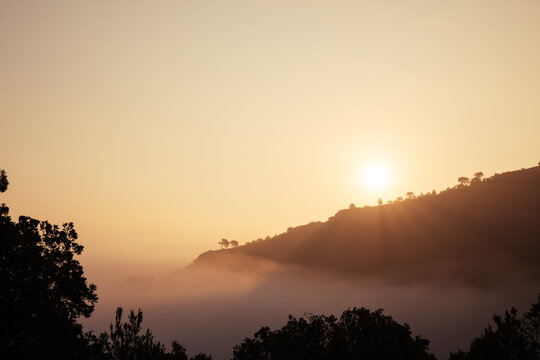 Mountainous landscape with fog