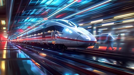Fototapeta premium A modern high-speed train speeds through a station