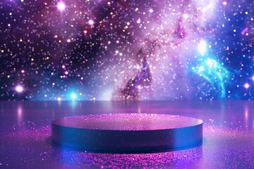 A modern podium for product display with galaxies panorama universe many beautiful stars background.