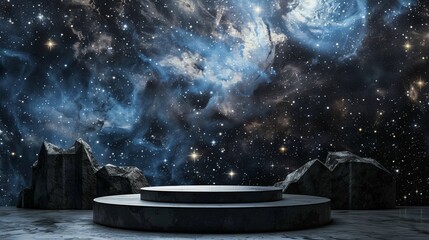 A modern podium for product display with galaxies panorama universe many beautiful stars background.