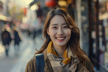 Fototapeta premium A woman wearing a scarf with the letter b on it
