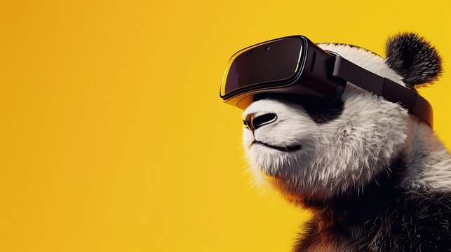 A Panda with a virtual reality headset with beautiful yellow backdrop.