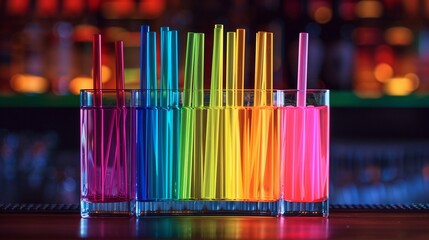 A row of bright multicolored drinking straws lined up inside a clear glass