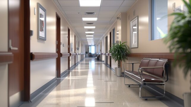 A photo-realistic image of a hospital interior, with a focused blur effect to create a sense of depth and activity, AI Generative