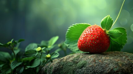 A single red strawberry on a rock in green background. A strawberry as a precious jewel of nature in intense color for an interesting visual contrast.
