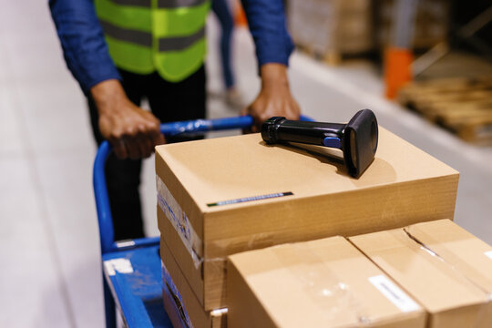 Multicultural anonymous warehouse staff carrying cart packages