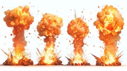 Collection of big explosion effects, realistic fire and boom, isolated on white background, AI Generative