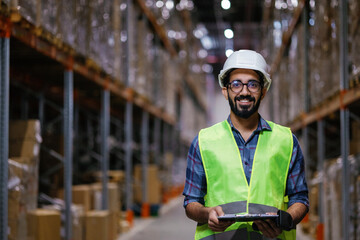Smiling black warehouse worker holding documents